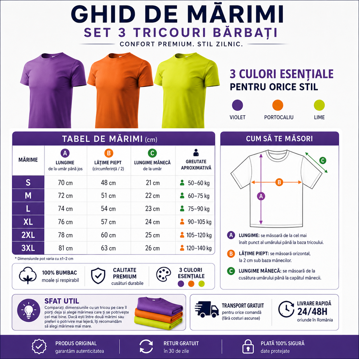 Confort set 3 tricouri bărbați 100% bumbac regular clasic violet portocaliu galben lime
